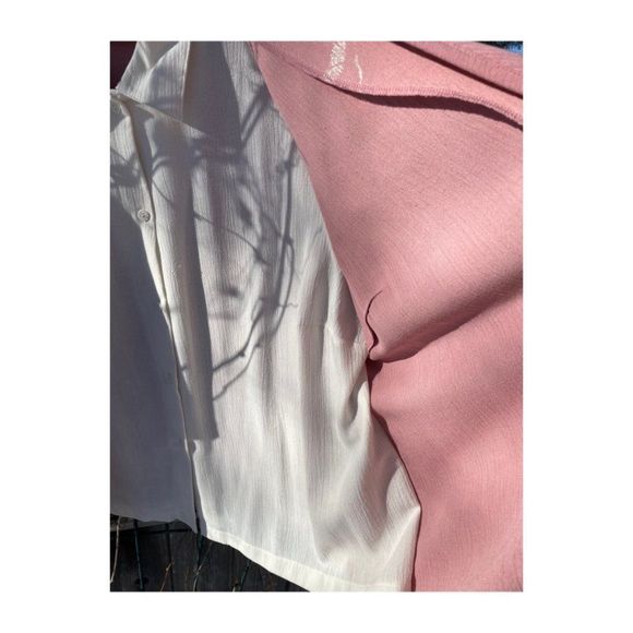 Vintage 90s Grannycore Twin Set Shirt Top Pink White Linen Blend Collared Volup - Picture 4 of 5